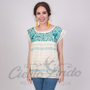 Mexican Oaxaca Cream/Teal Blouse